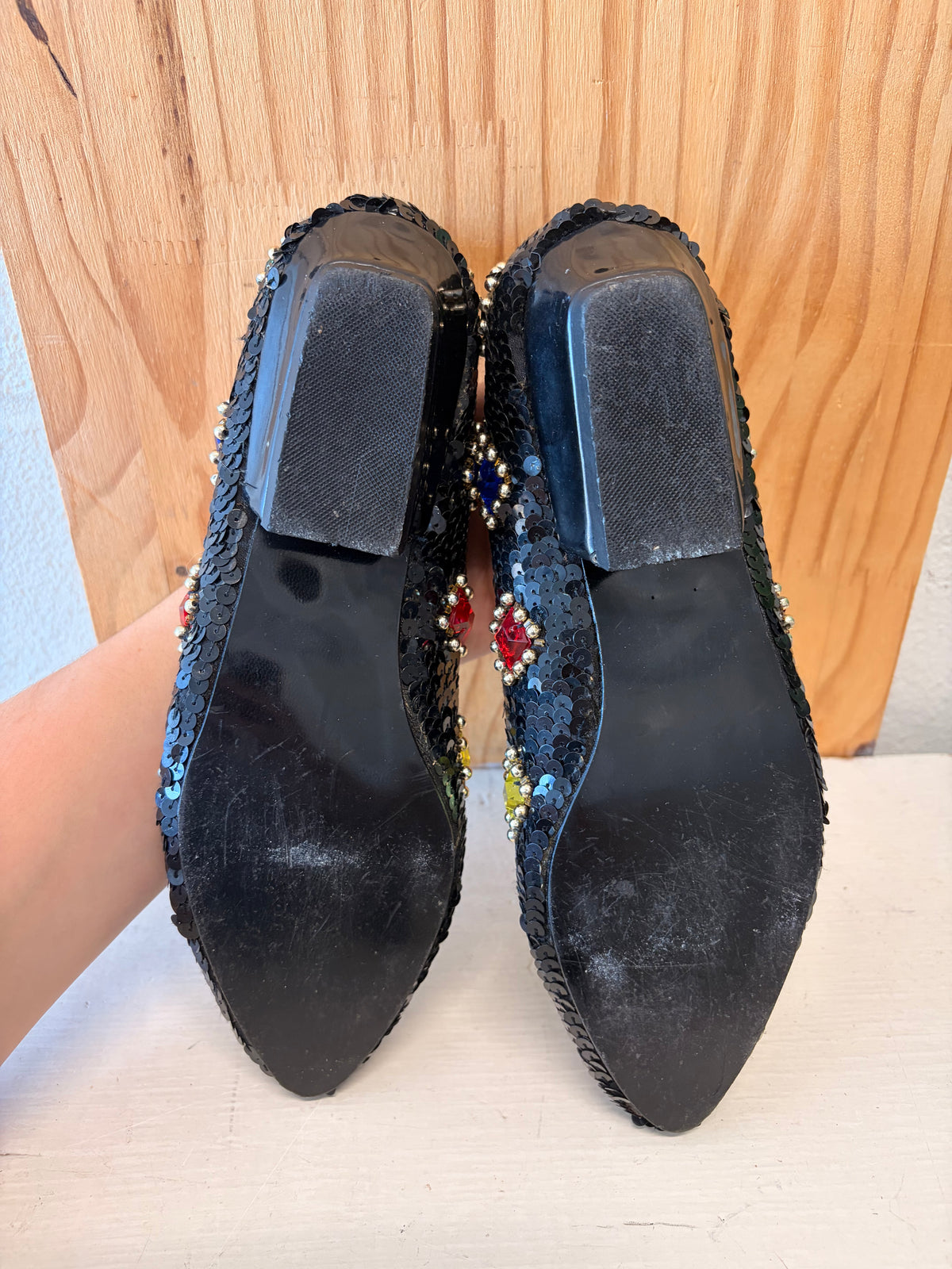 Vtg Sequins Gem Low Wedge Flats : Size 5.5