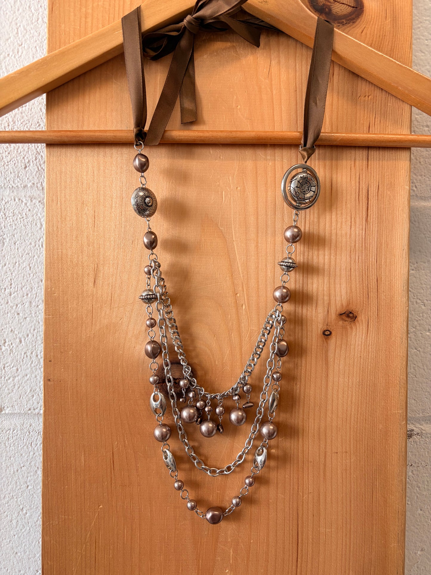 Beaded Brown Ribbon Chain Belt