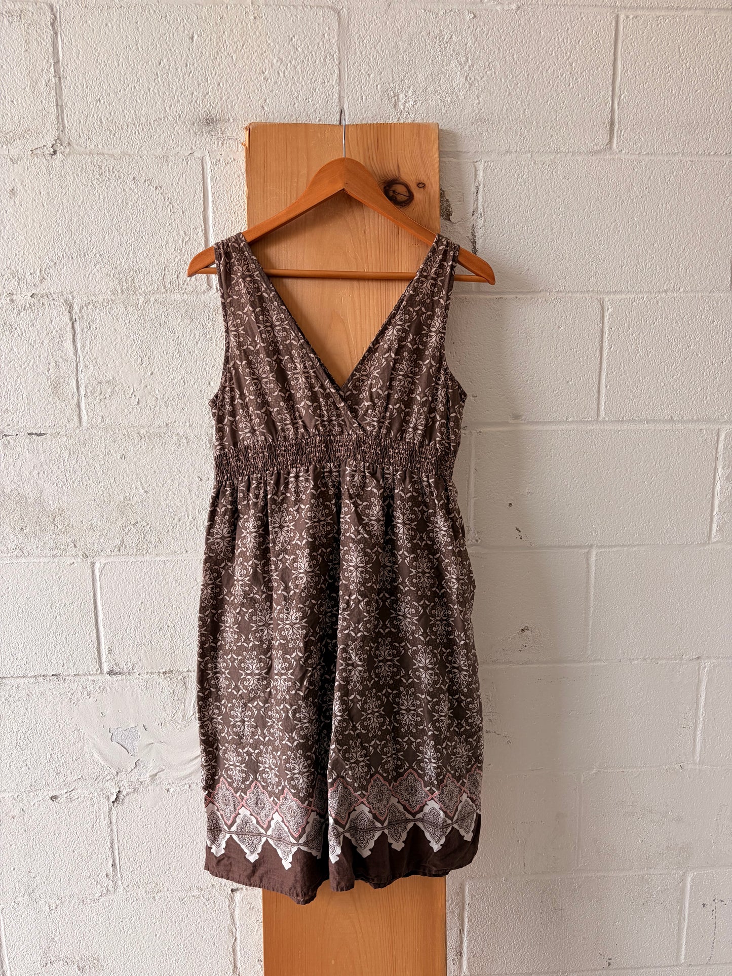 Vtg Brown & Pink Patterned Dress : M