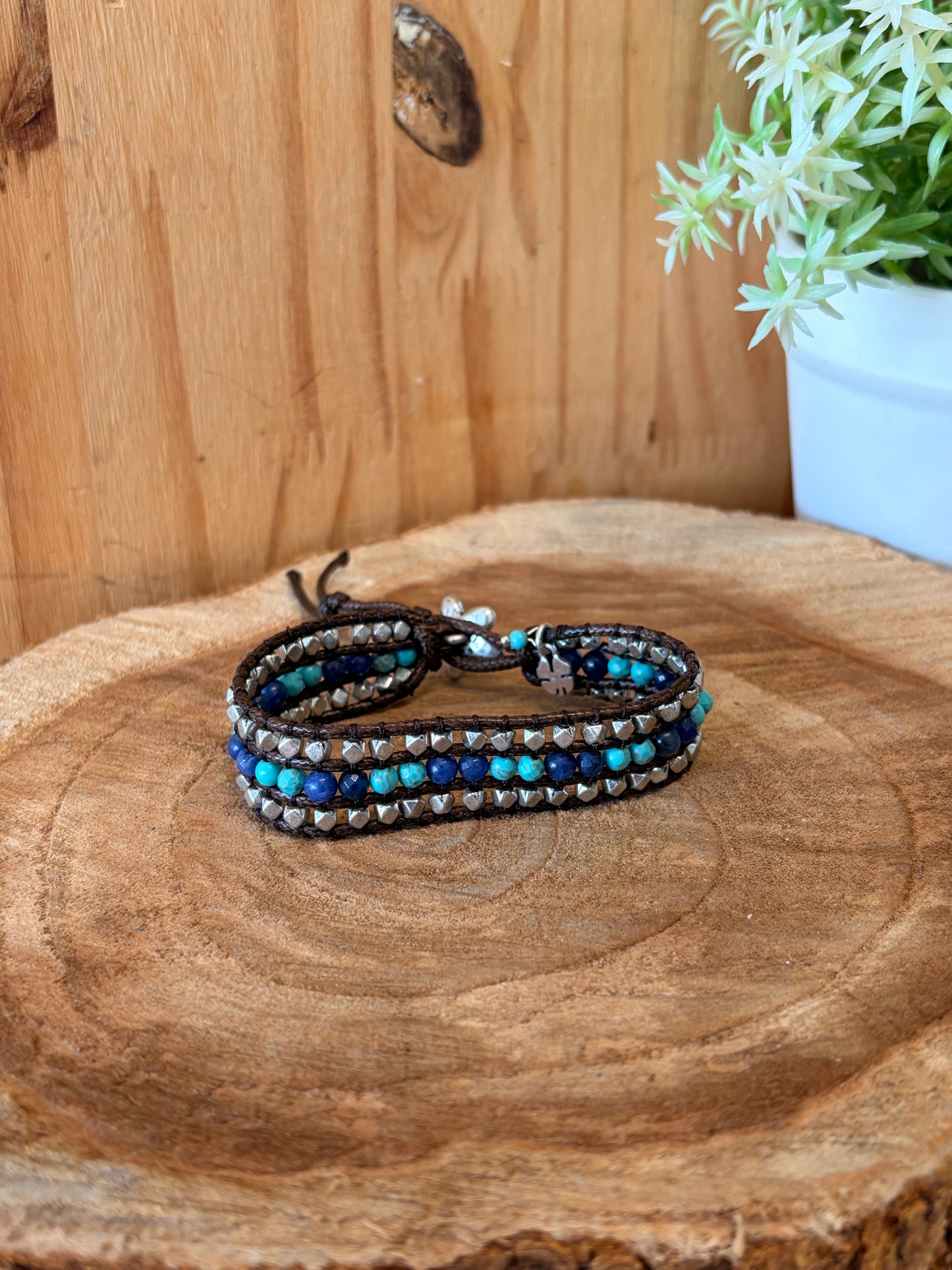 Blue & Silver Tone Beaded Bracelet