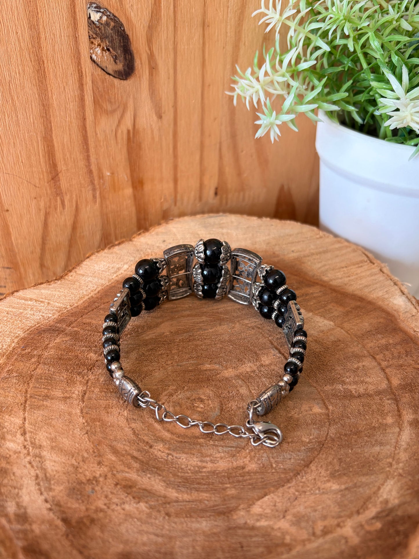 Black & Silver Tone Beaded Bracelet
