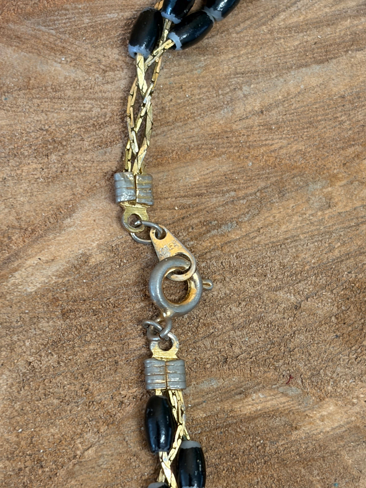 Vtg Braided Gold Tone Black Beaded Necklace