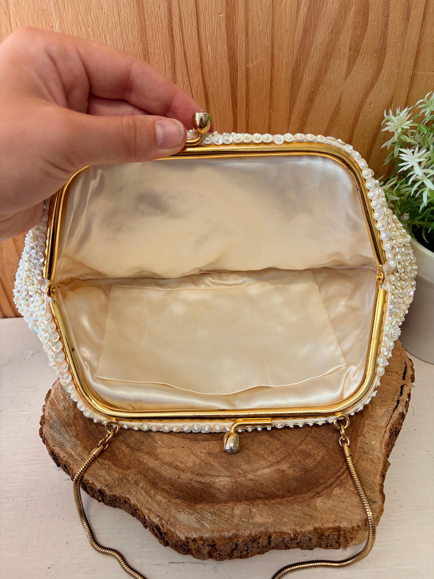 Vtg Little White Beaded Purse