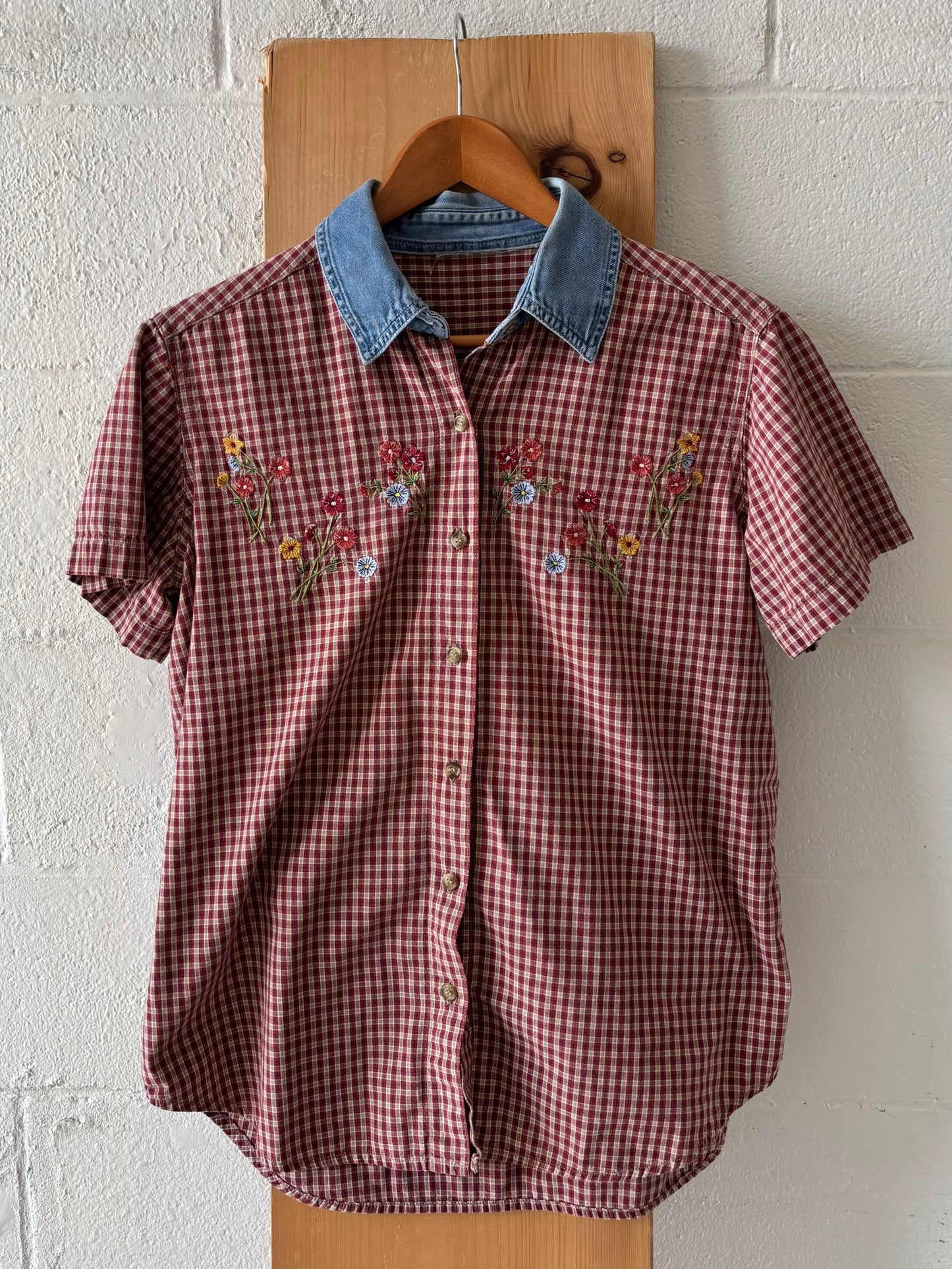 Vtg Plaid Denim Collared Button Up : M/L
