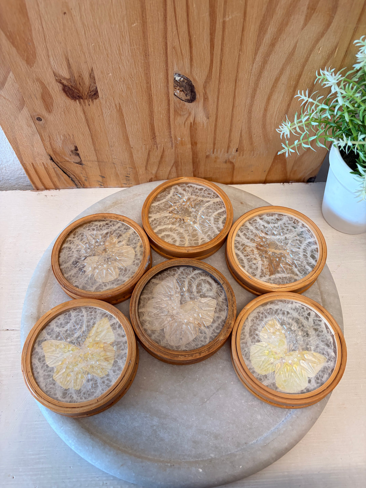 Vtg Butterfly Bamboo Coasters & Serving Tray Set (Local Pick Up Only - As Is)