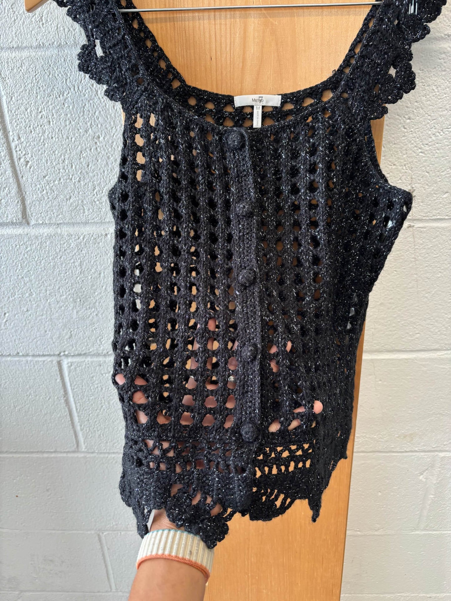 Black Metallic Crochet Tank : M