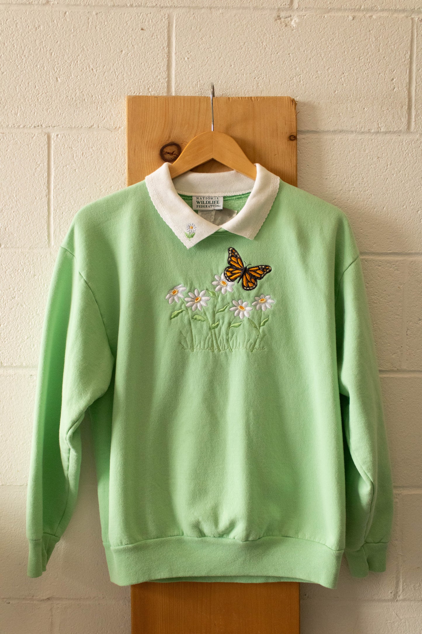 Vtg Green Floral Butterfly Crew : M