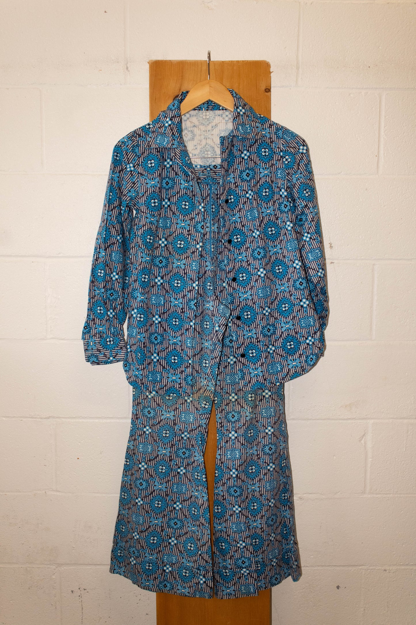 Vtg Blue Floral Shirt and Pants Set : XS