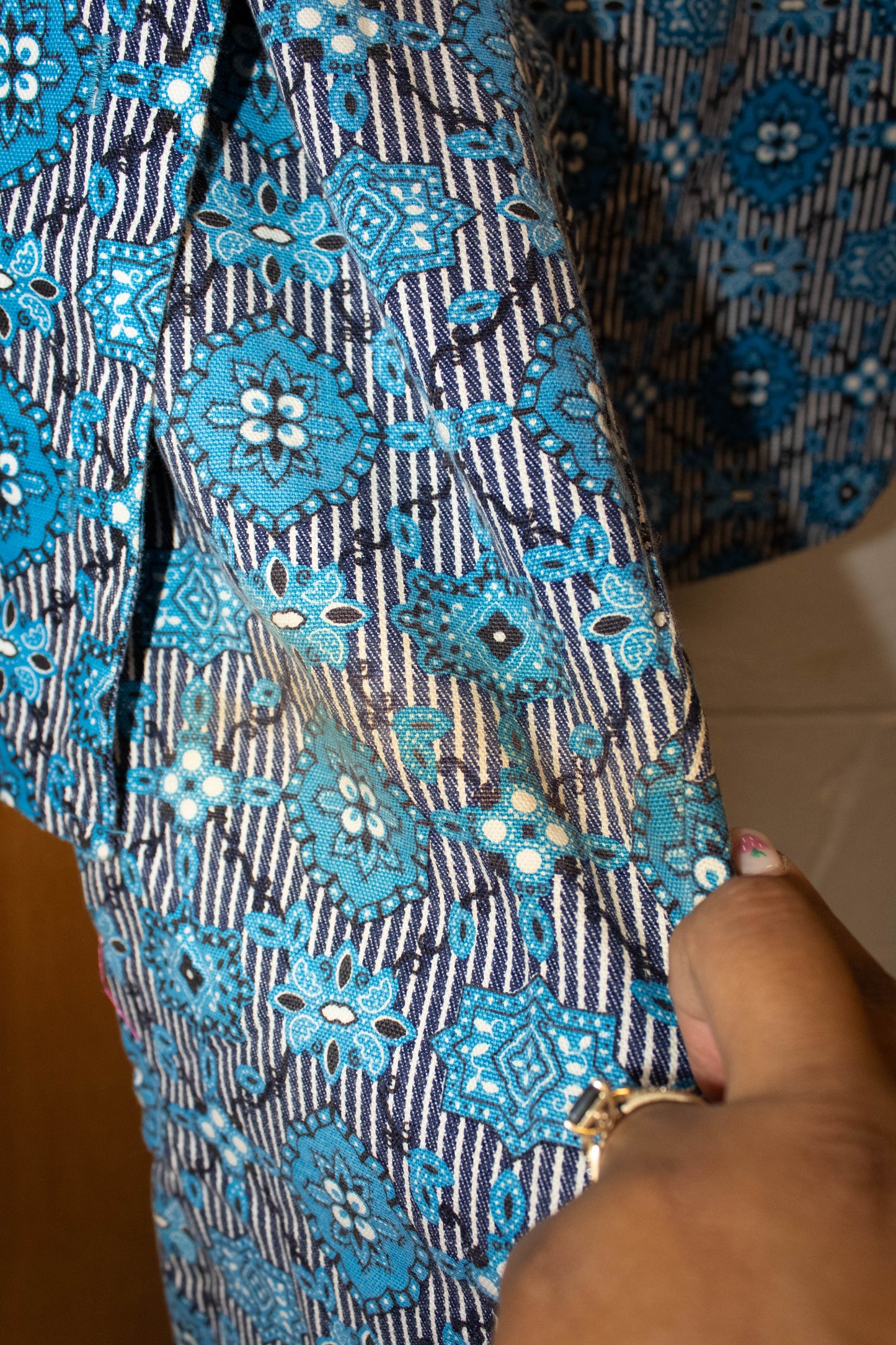 Vtg Blue Floral Shirt and Pants Set : XS