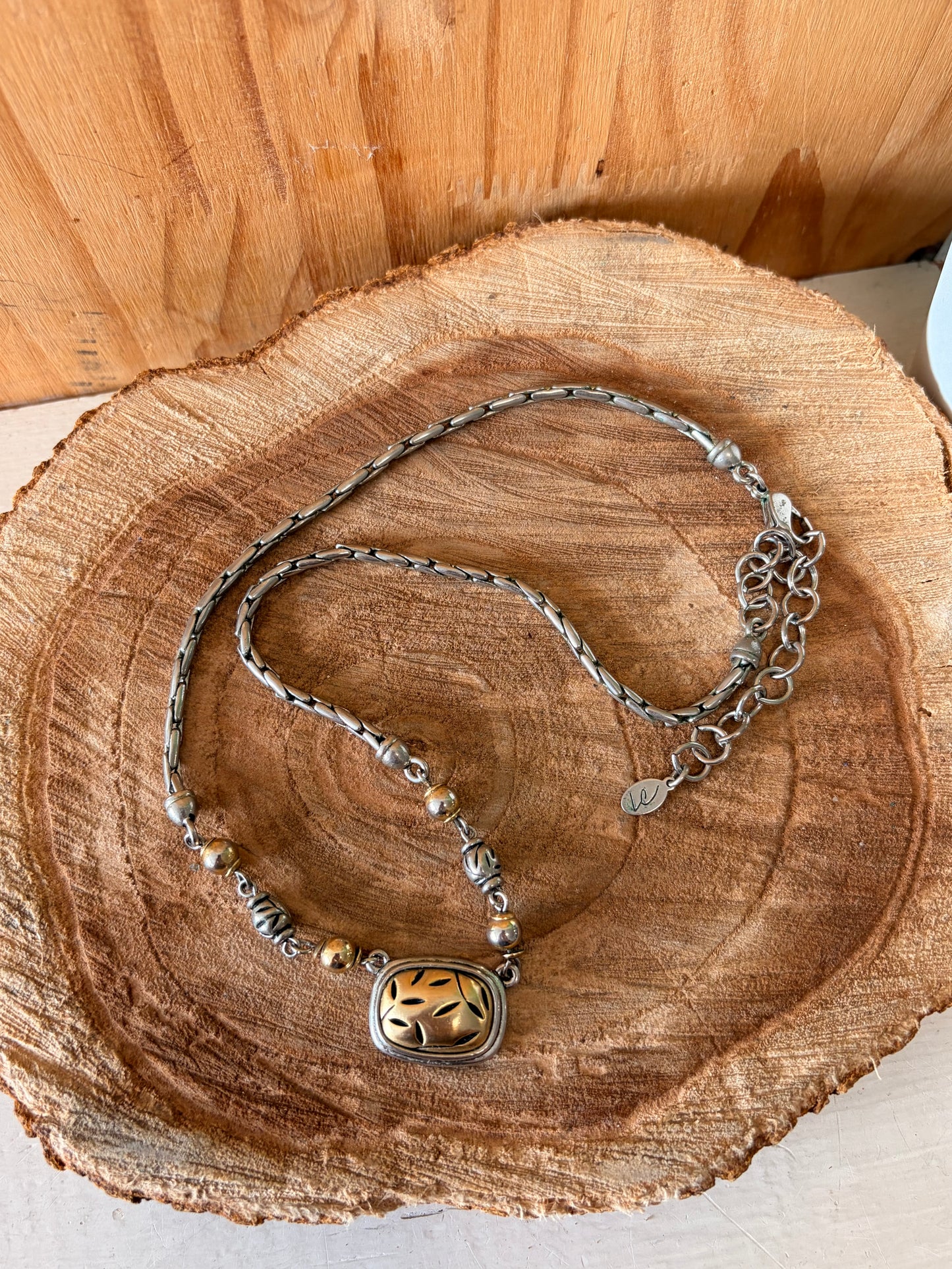 Two Tone Leaf Engraved Beaded Necklace