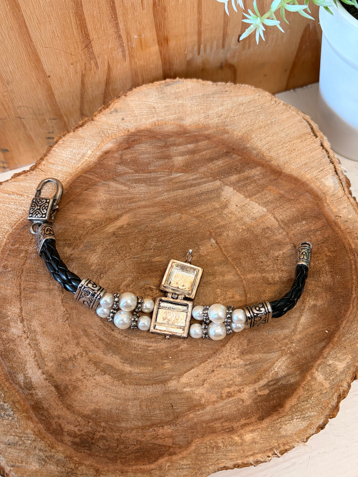 Braided Silver Tone Cross Locket Bracelet