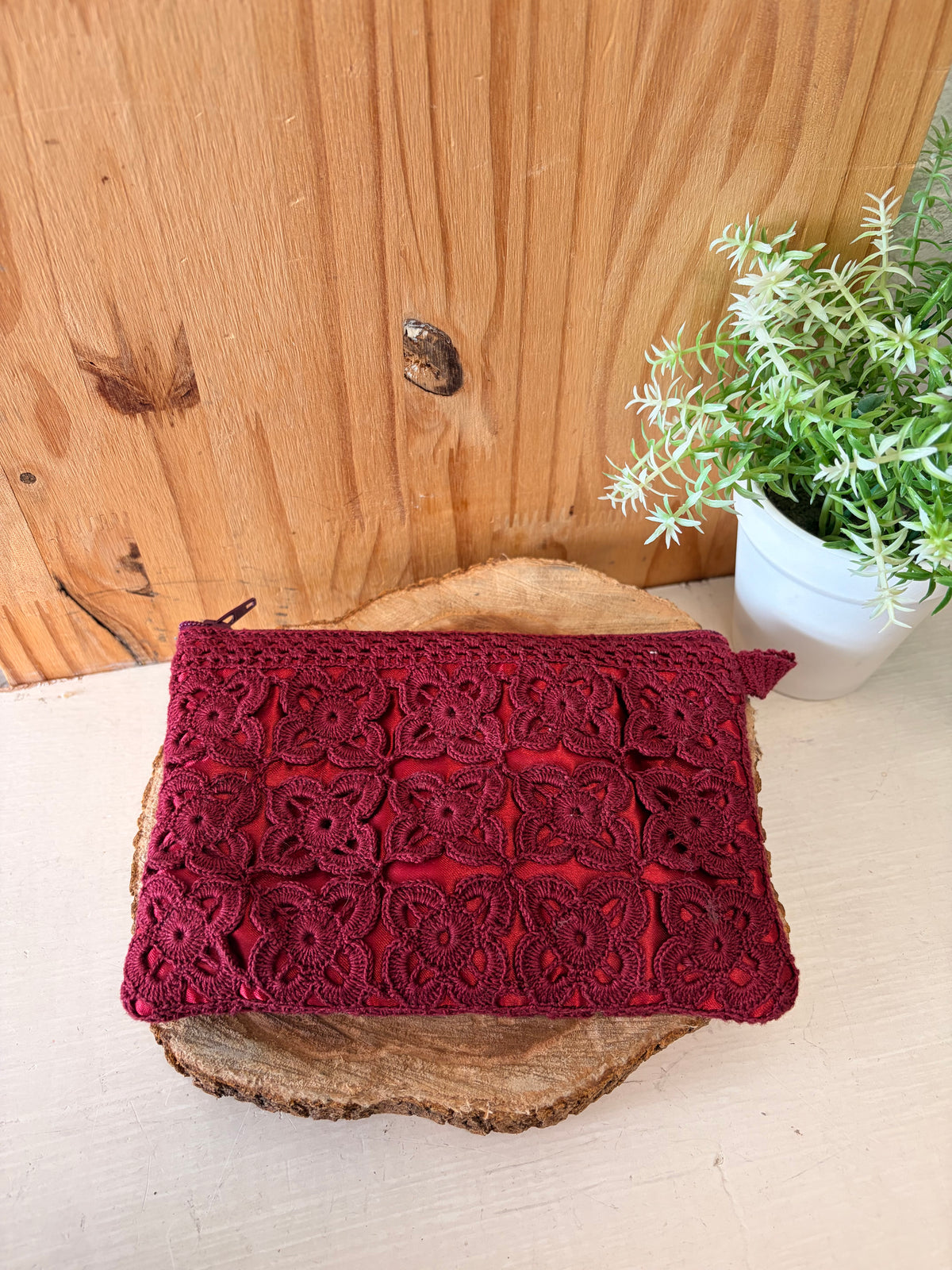 Burgundy Crochet Pouch