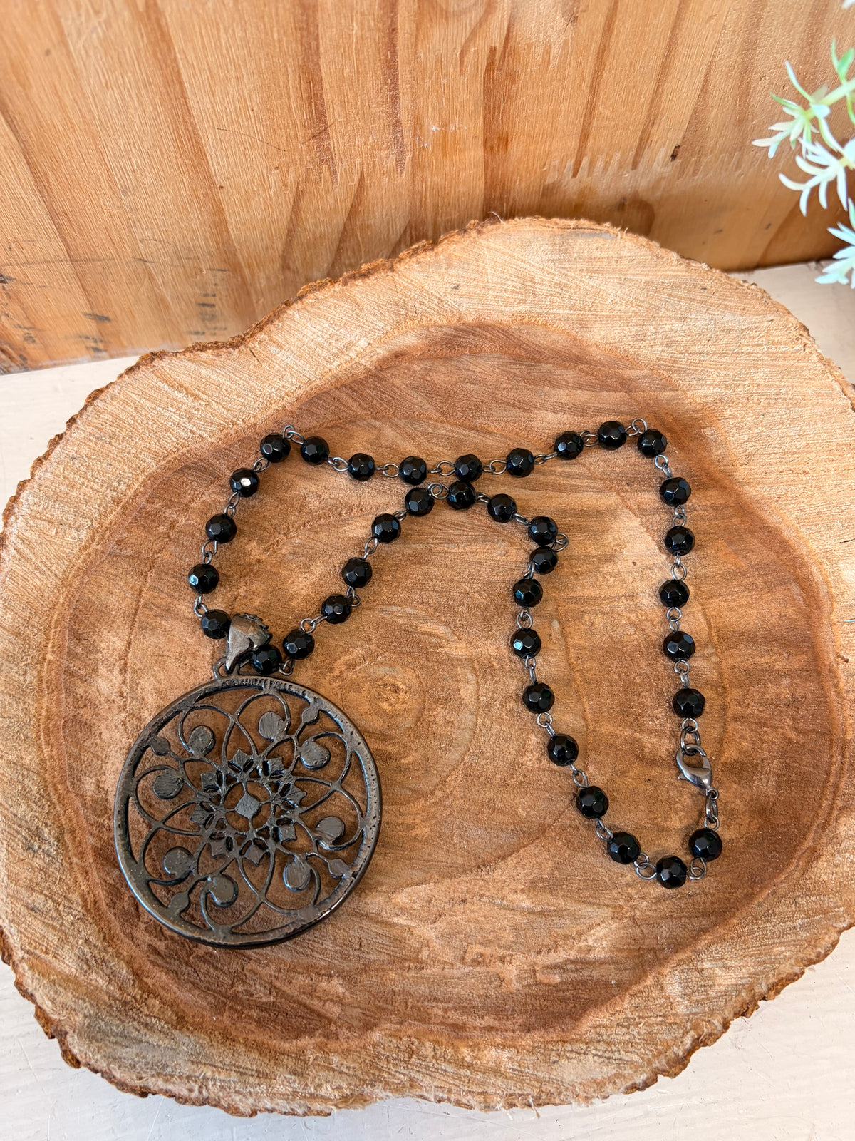 Black Beaded Boho Pendant Necklace