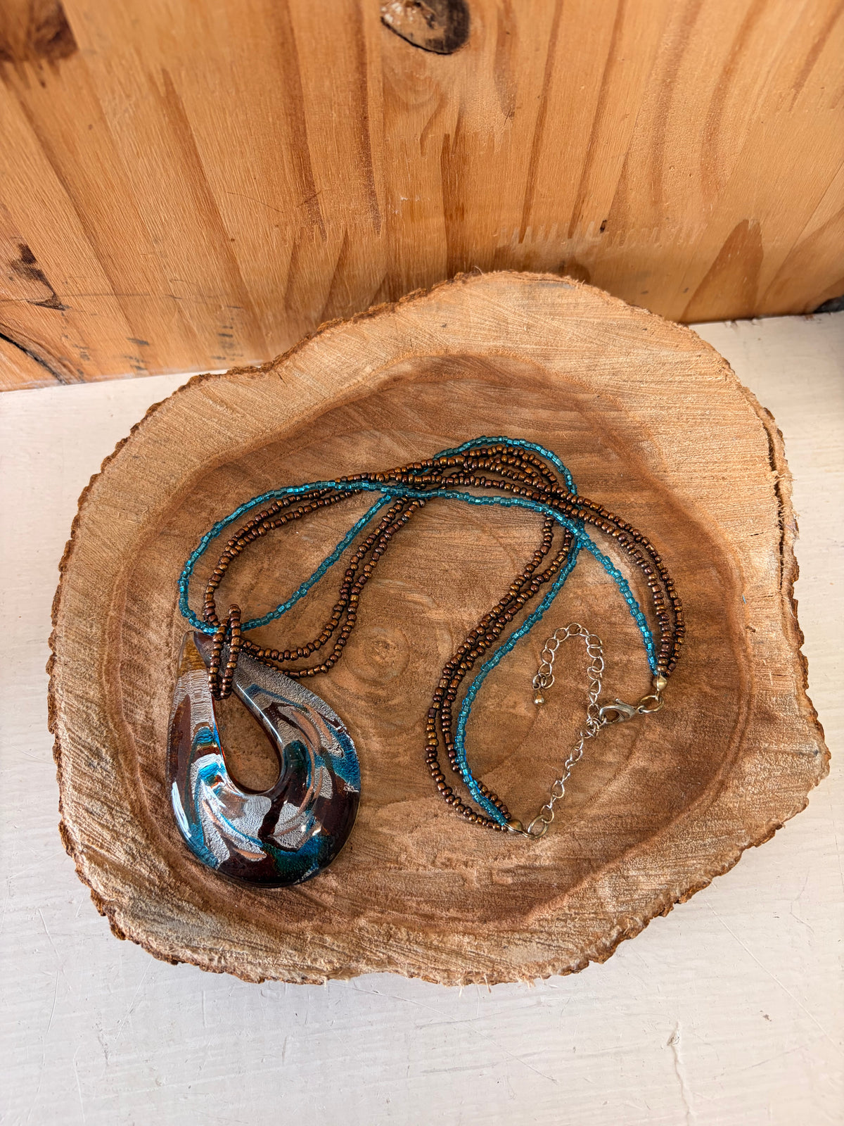Brown & Teal Teardrop Glass Pendant Necklace