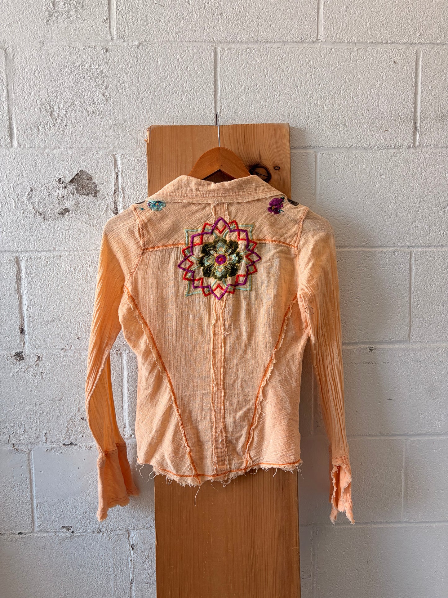 Floral Embroidered Orange Button Up : S