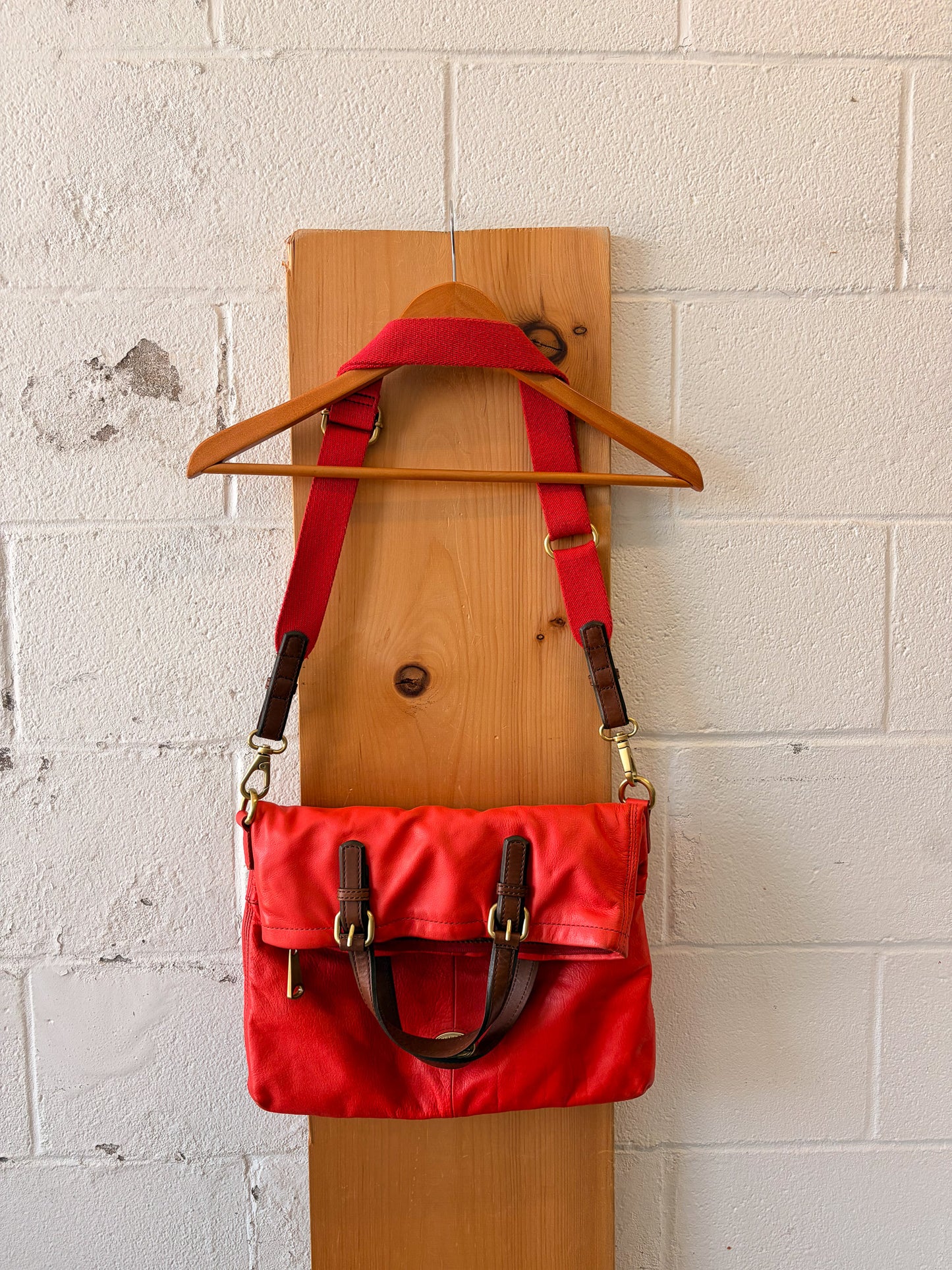 Red Fossil Explorer Foldover Tote Bag