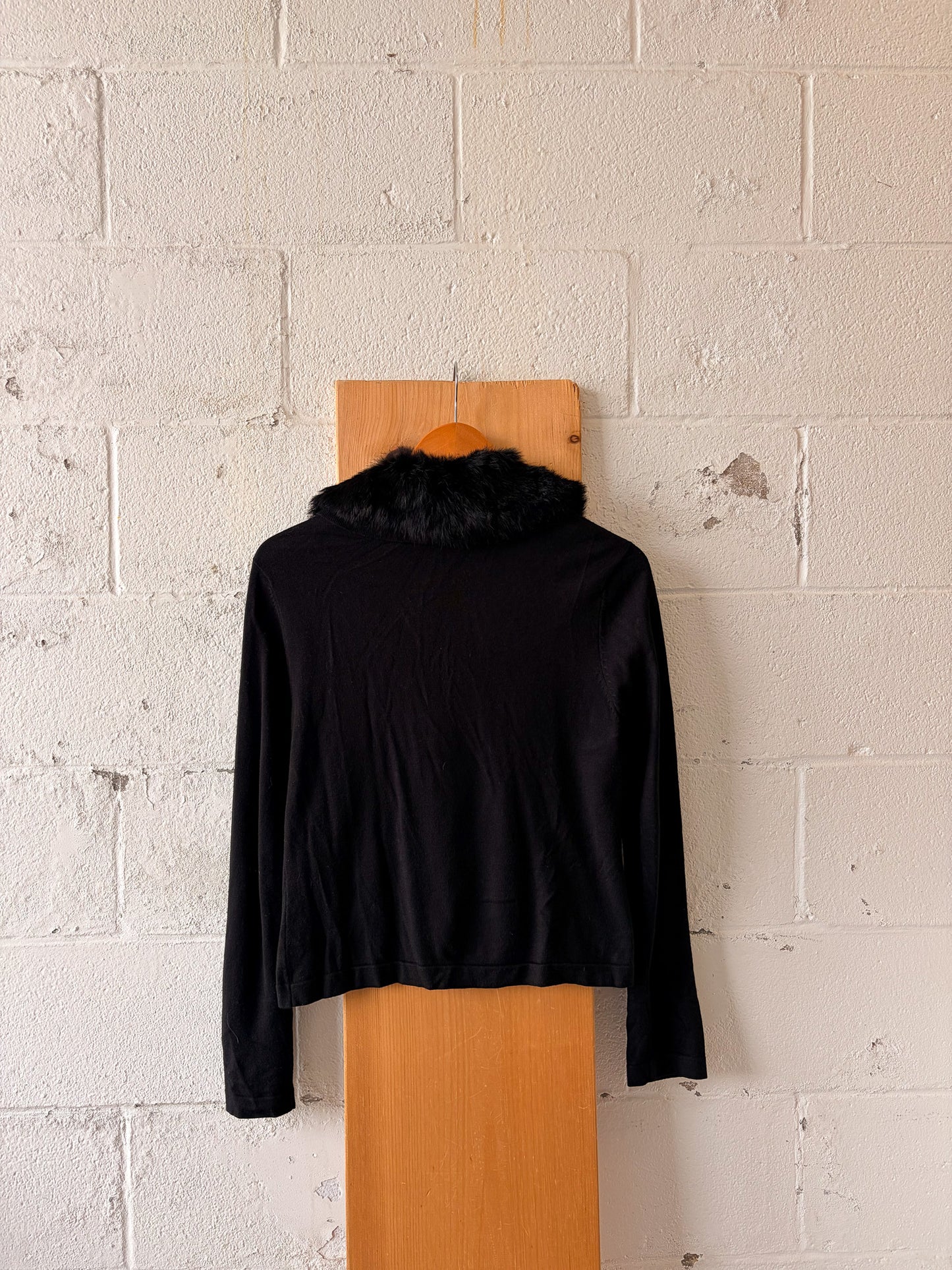 Vtg Black Faux Fur Collared Cardigan : M