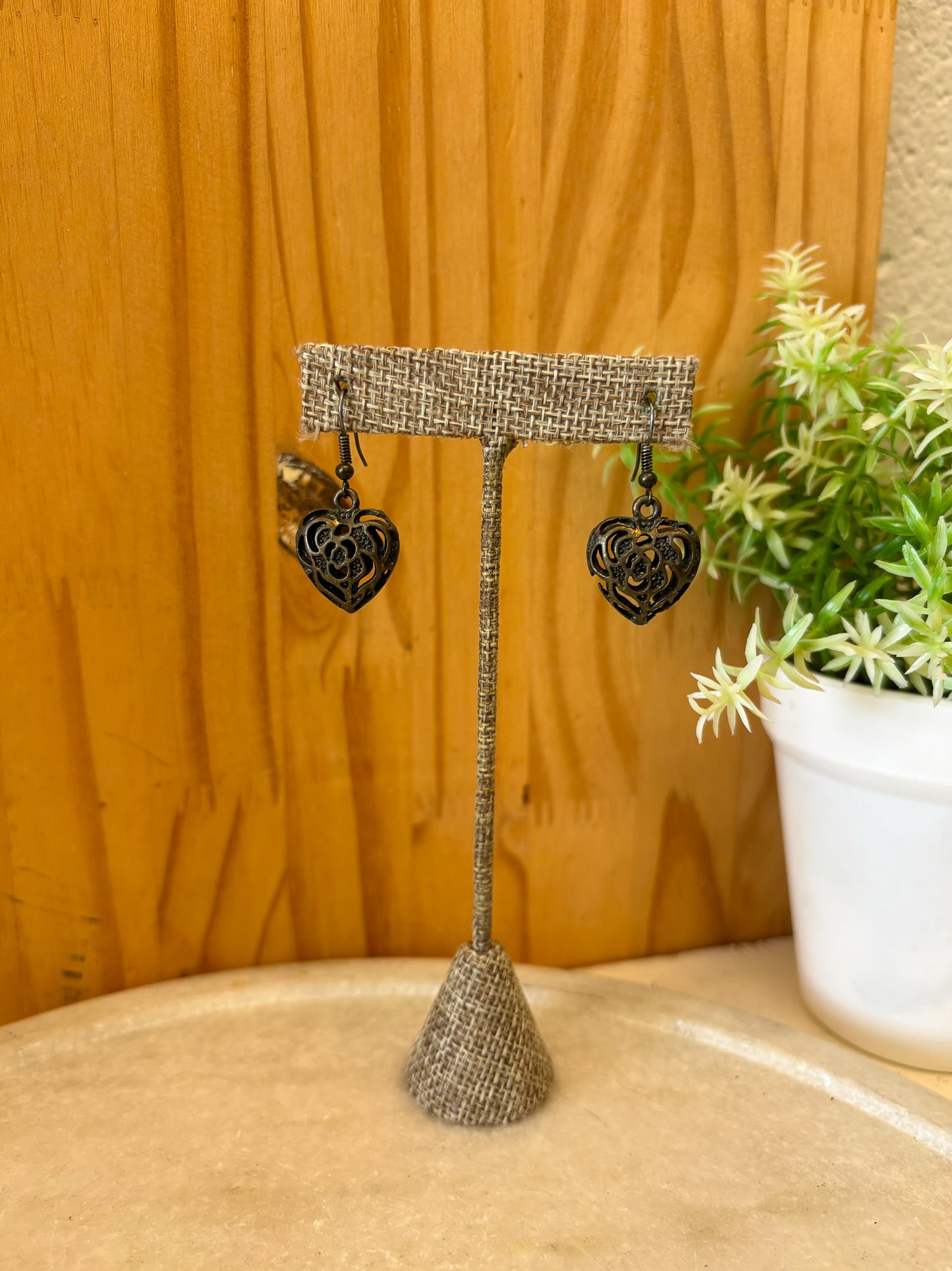 Vtg Bronze Heart Earrings