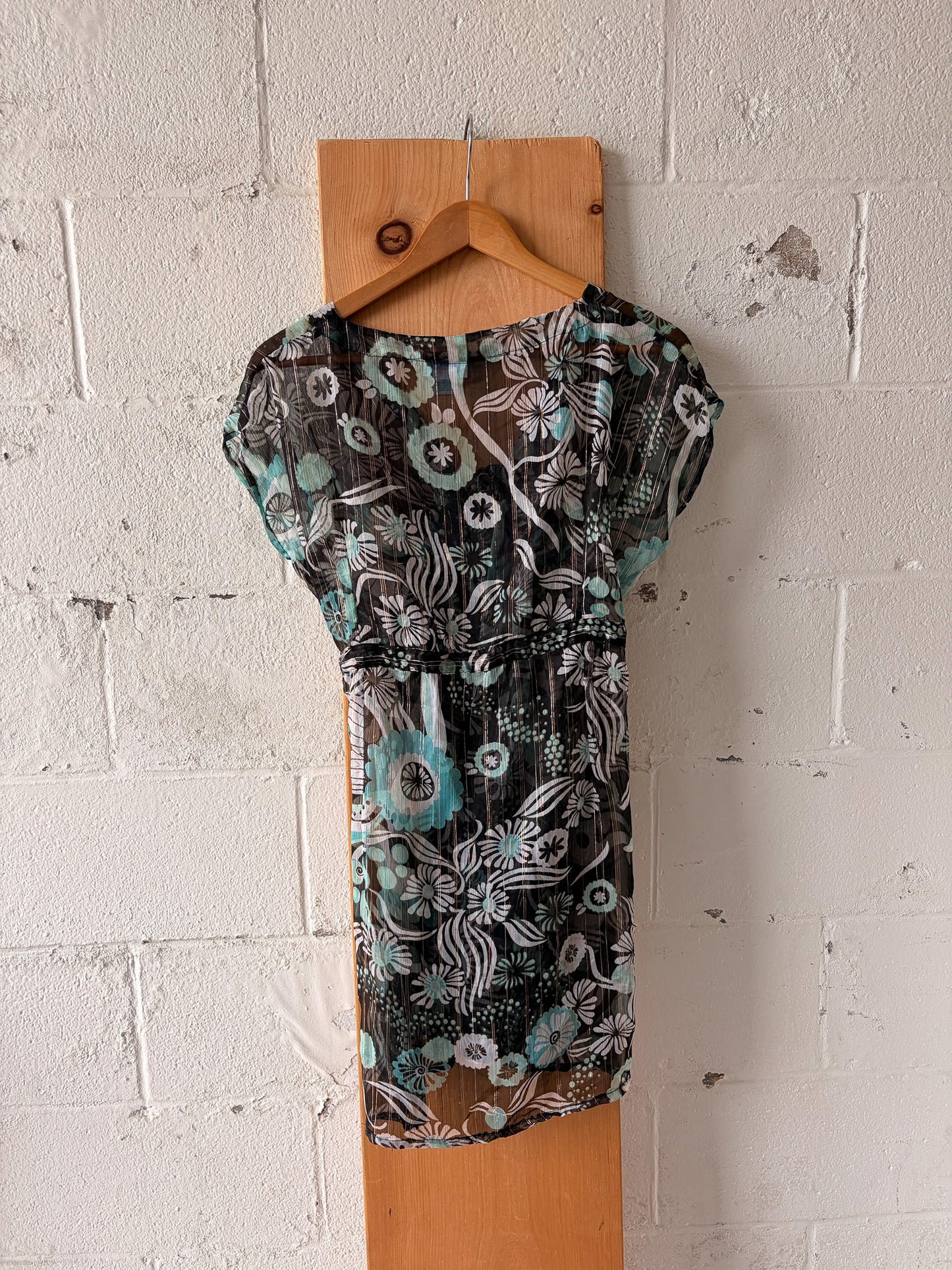 Long Brown & Blue Sheer Patterned Top : XL