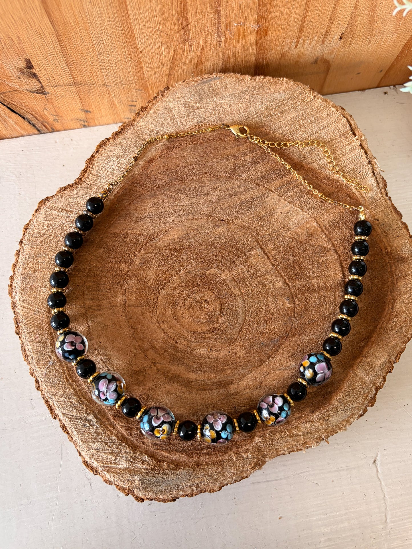 Black, Purple, & Blue Floral Venetian Glass Beaded Necklace