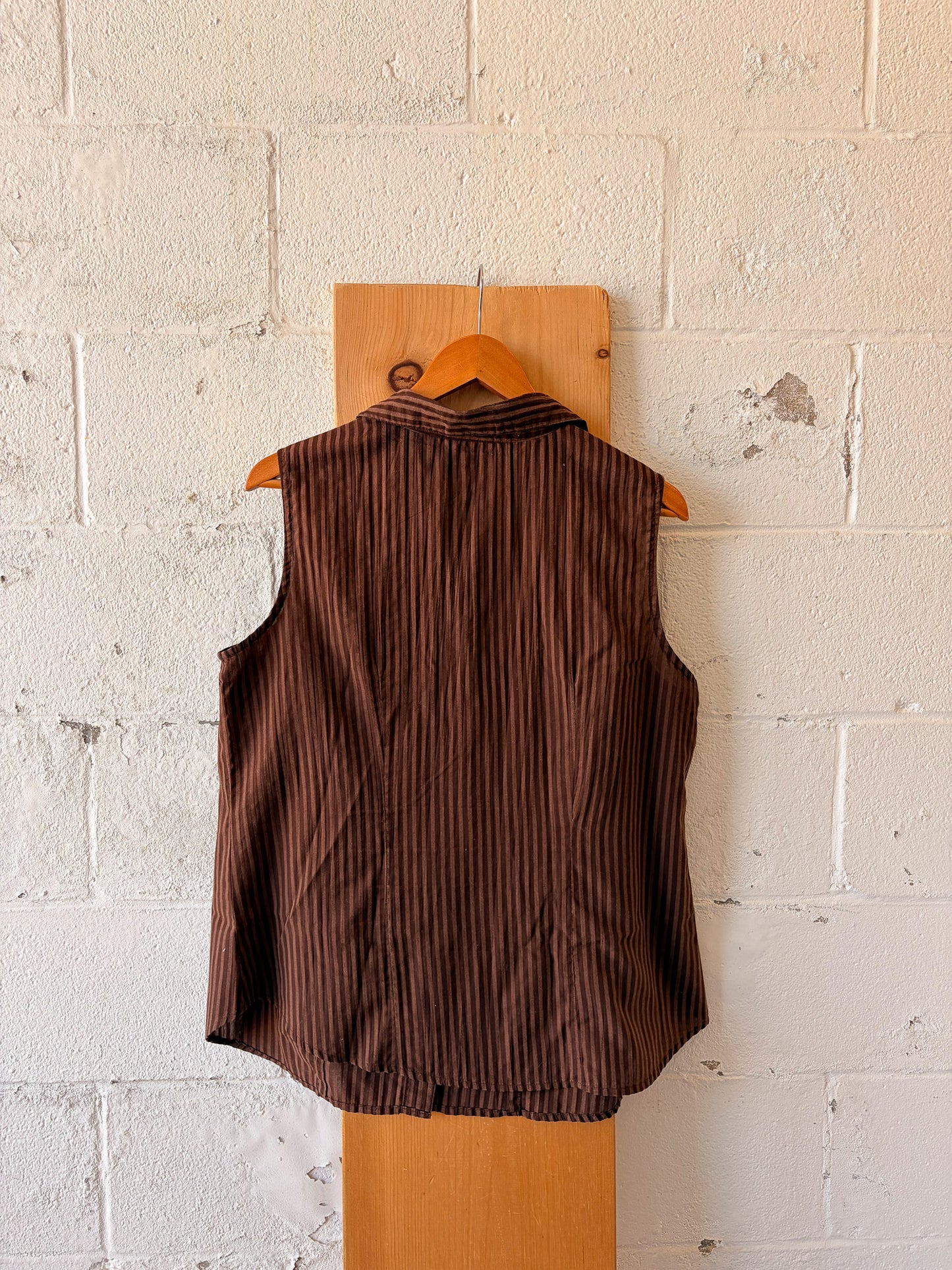 Vtg Brown Striped Sleeveless Button Up : 16W