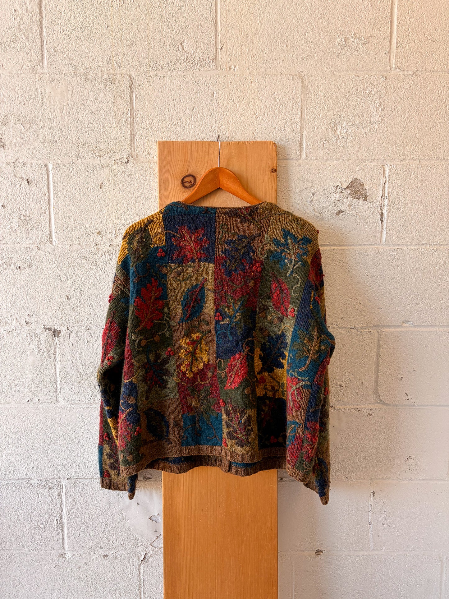 Vtg Autumn Leaves Wool Cardigan : XL