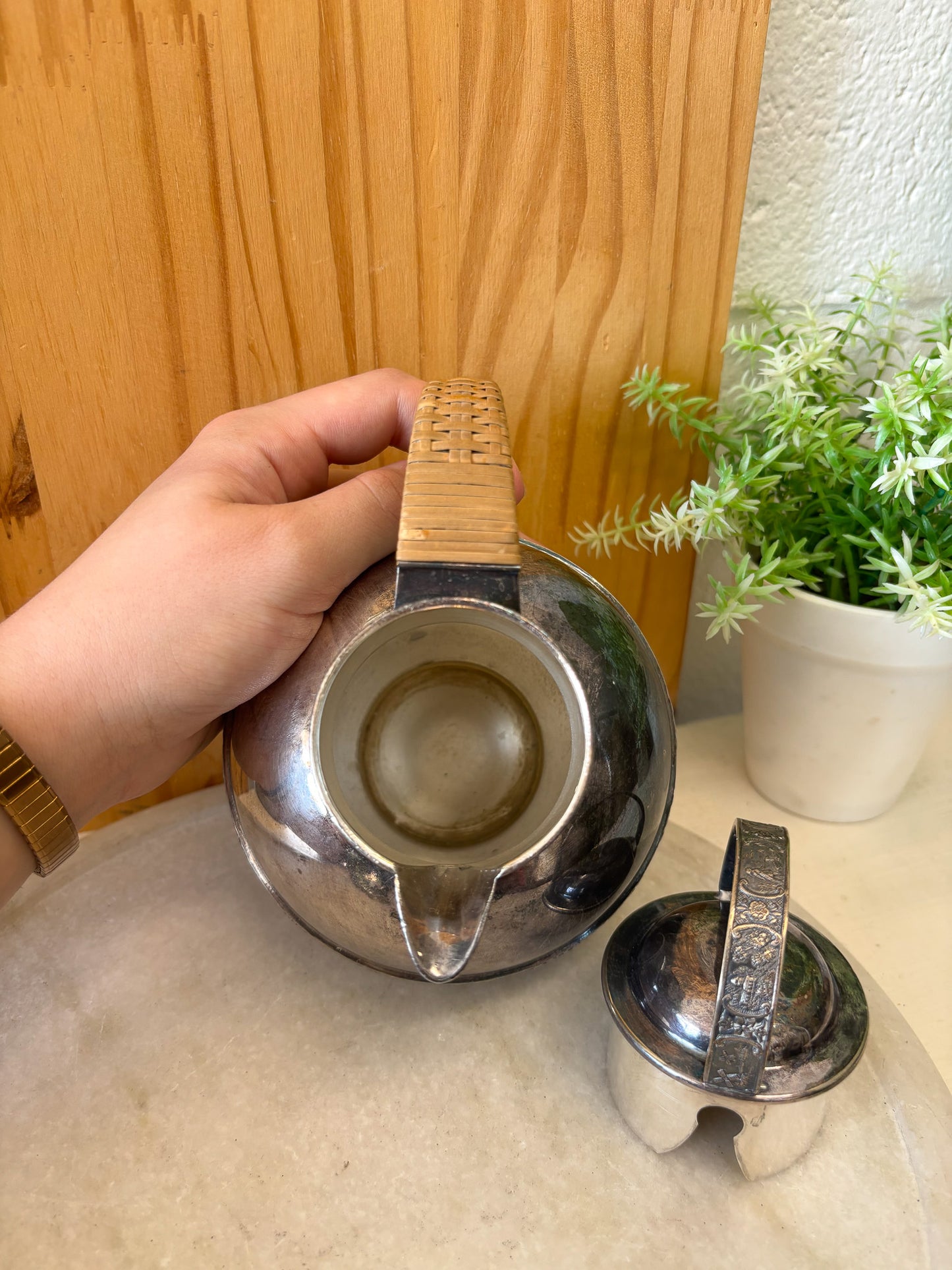 Vtg Rattan Handle Silver Tea Pot