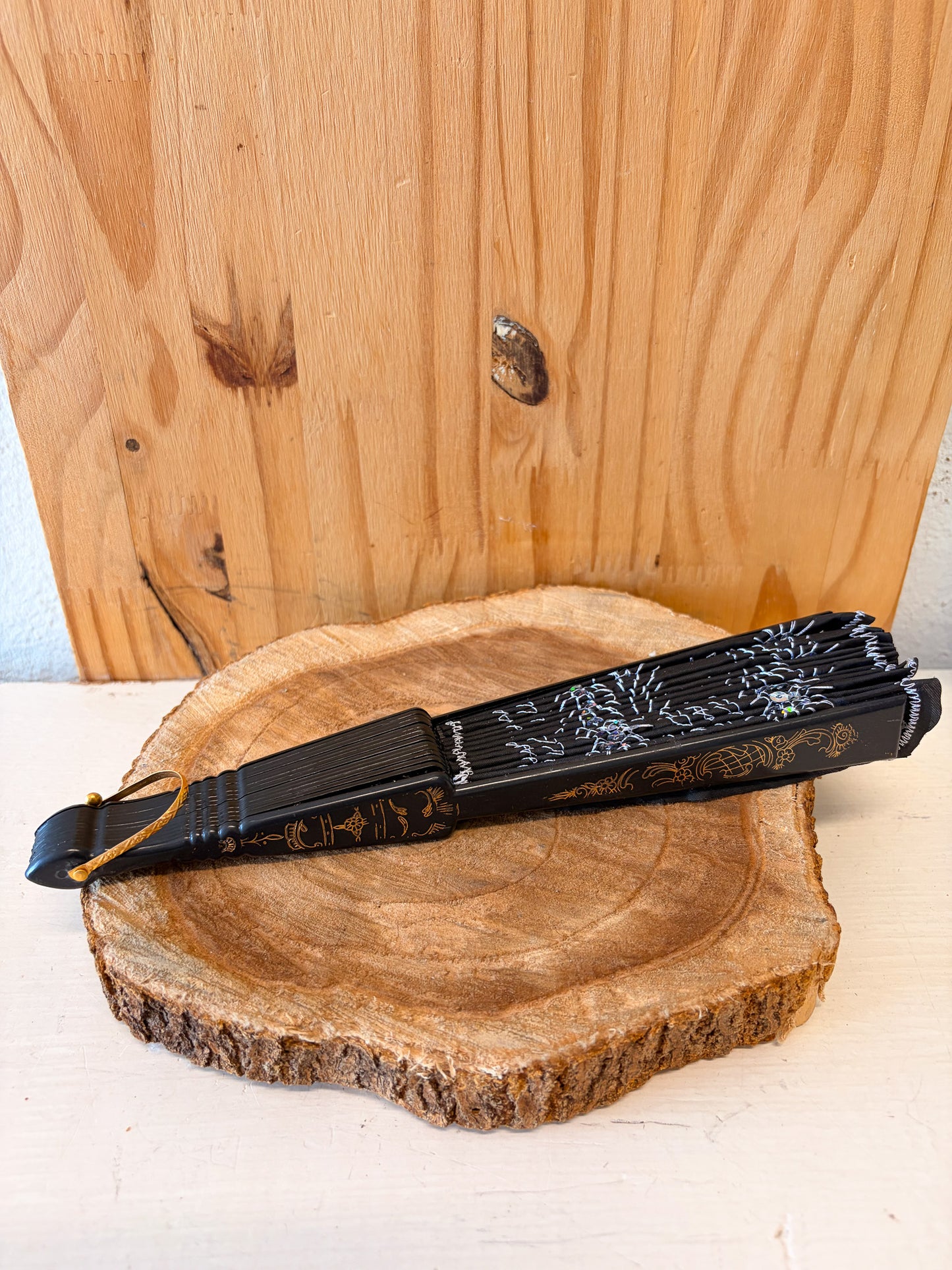Black Sequins Detailed Folding Fan