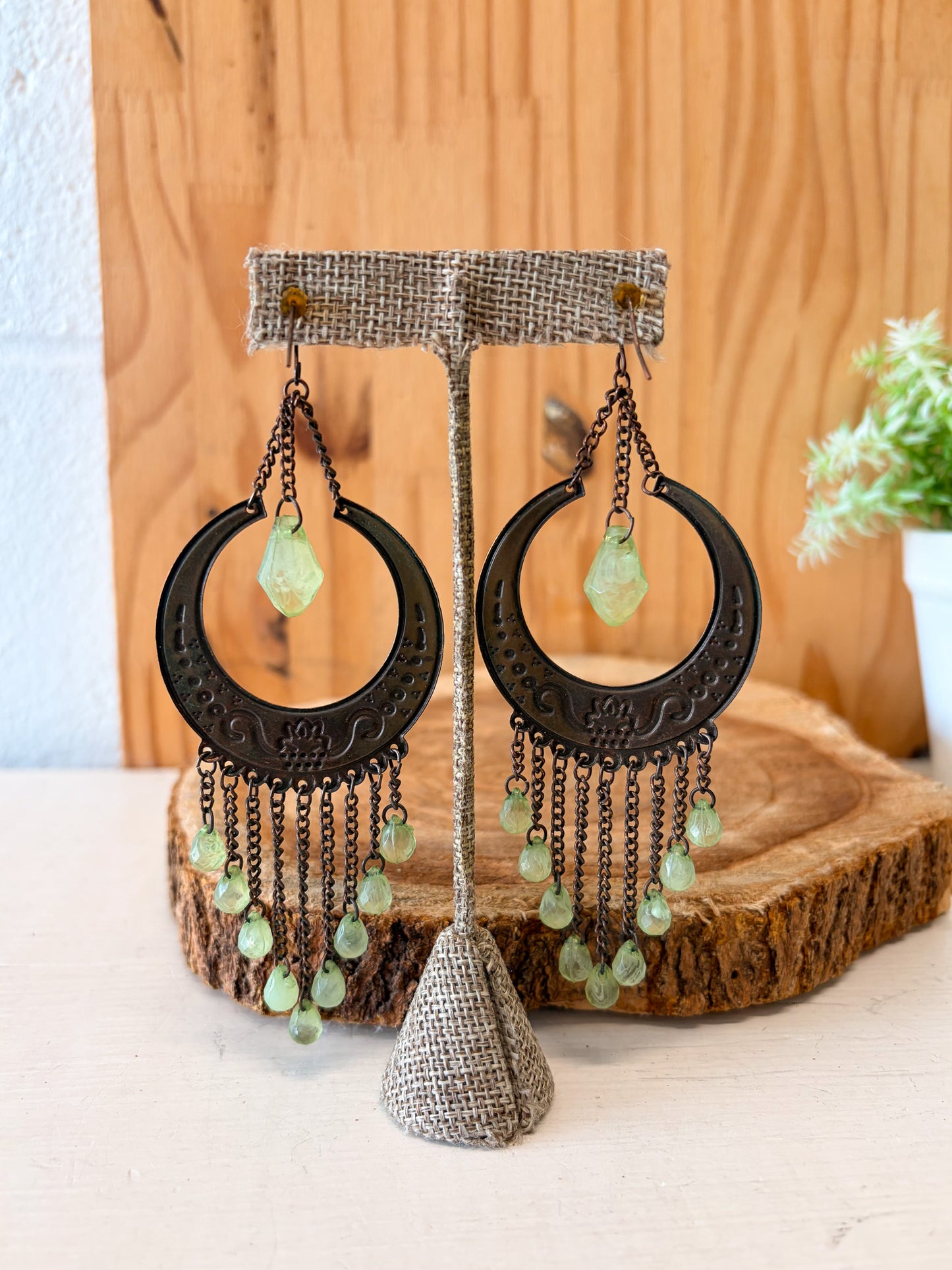 Green Beaded Metal Chandelier Earrings
