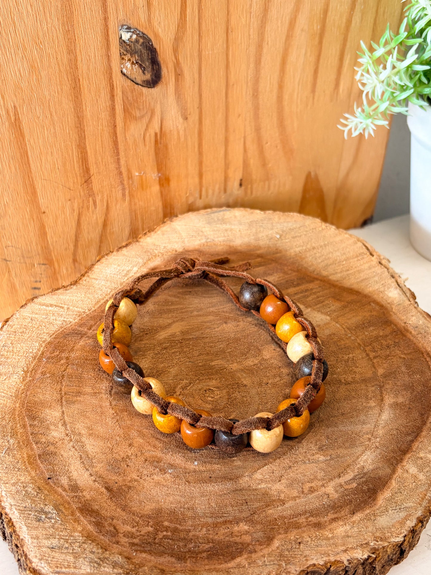 Leather & Wood Beaded Bracelet