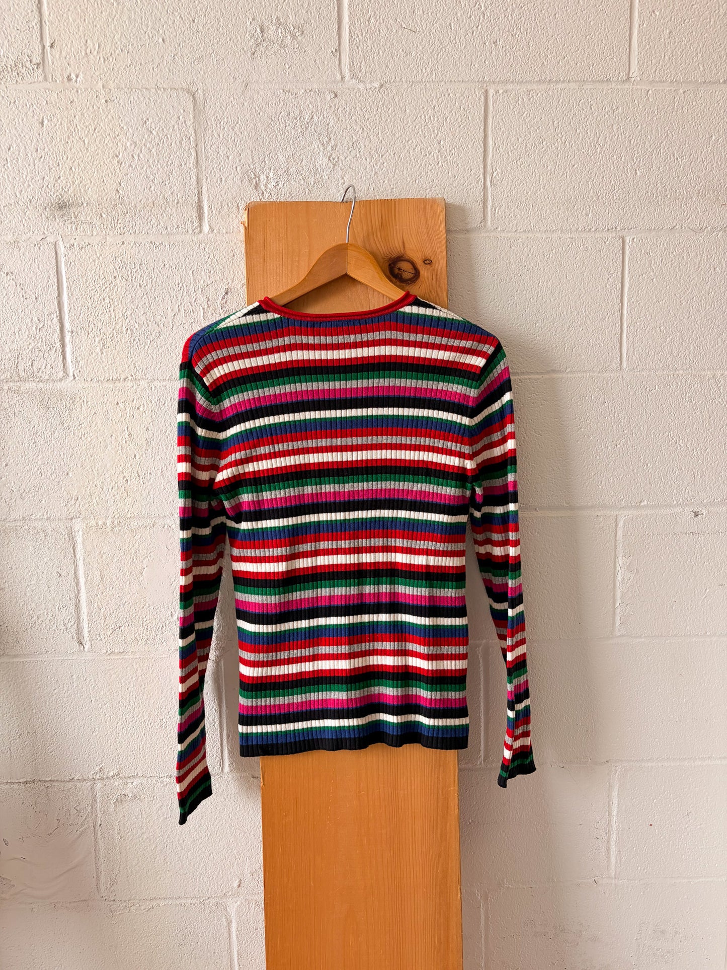 Striped Ribbed V-Neck Sweater : L