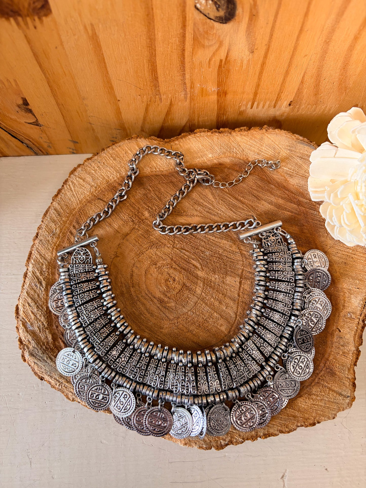 Silver Tone Coin Statement Necklace