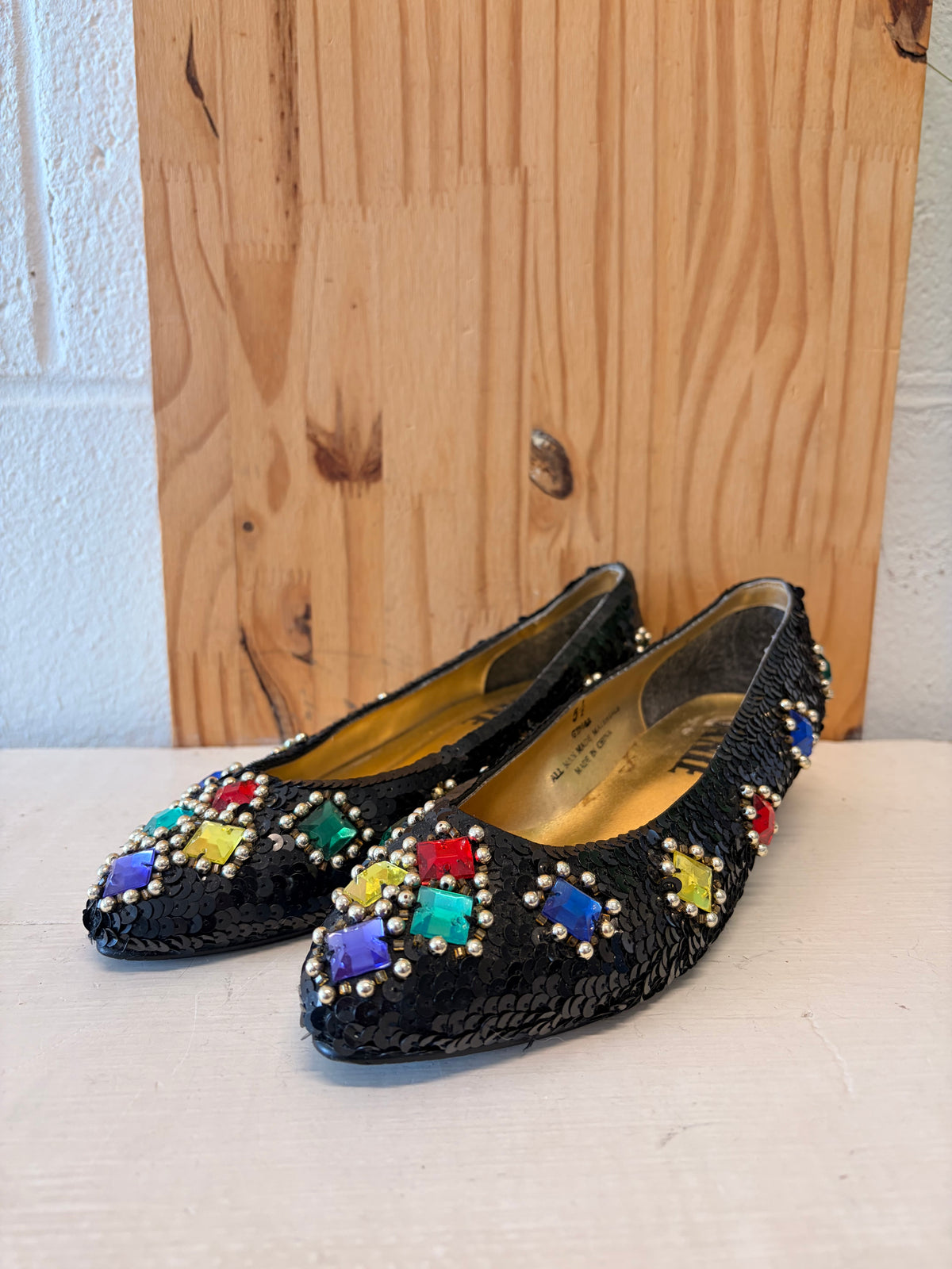 Vtg Sequins Gem Low Wedge Flats : Size 5.5