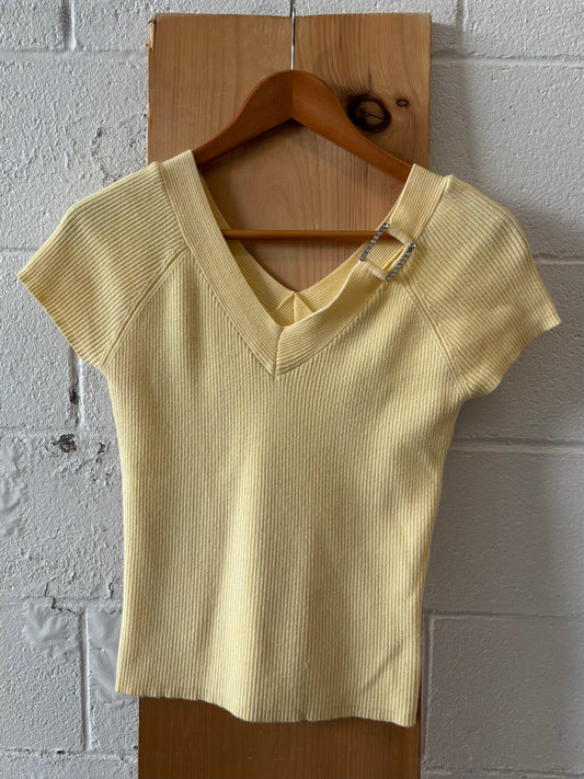 Ribbed Yellow V-Neck Top : S