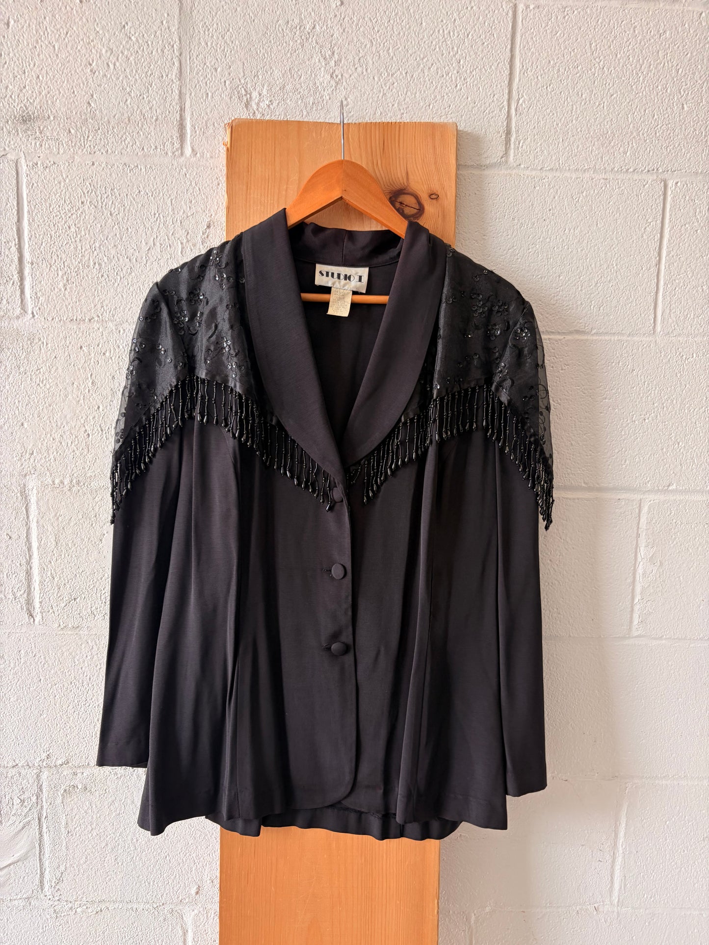 Vtg Black Beaded Fringe Blazer : 16