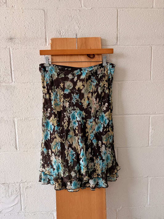 Brown & Blue Floral Midi Skirt : L