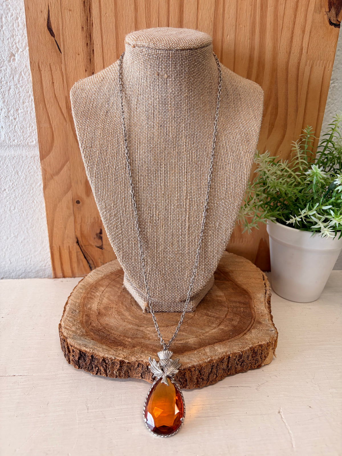 Silver & Amber Tone Pendant Necklace