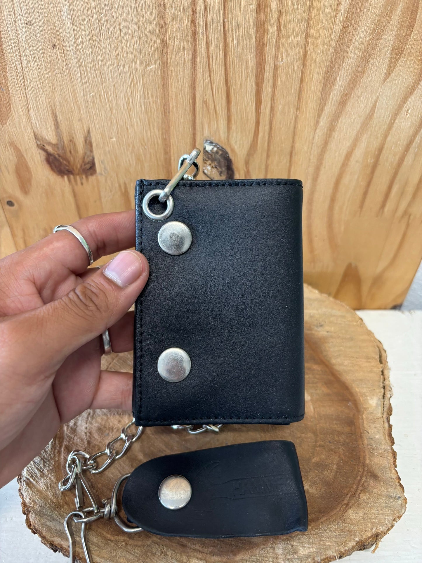 Black Leather Trifold Chain Wallet