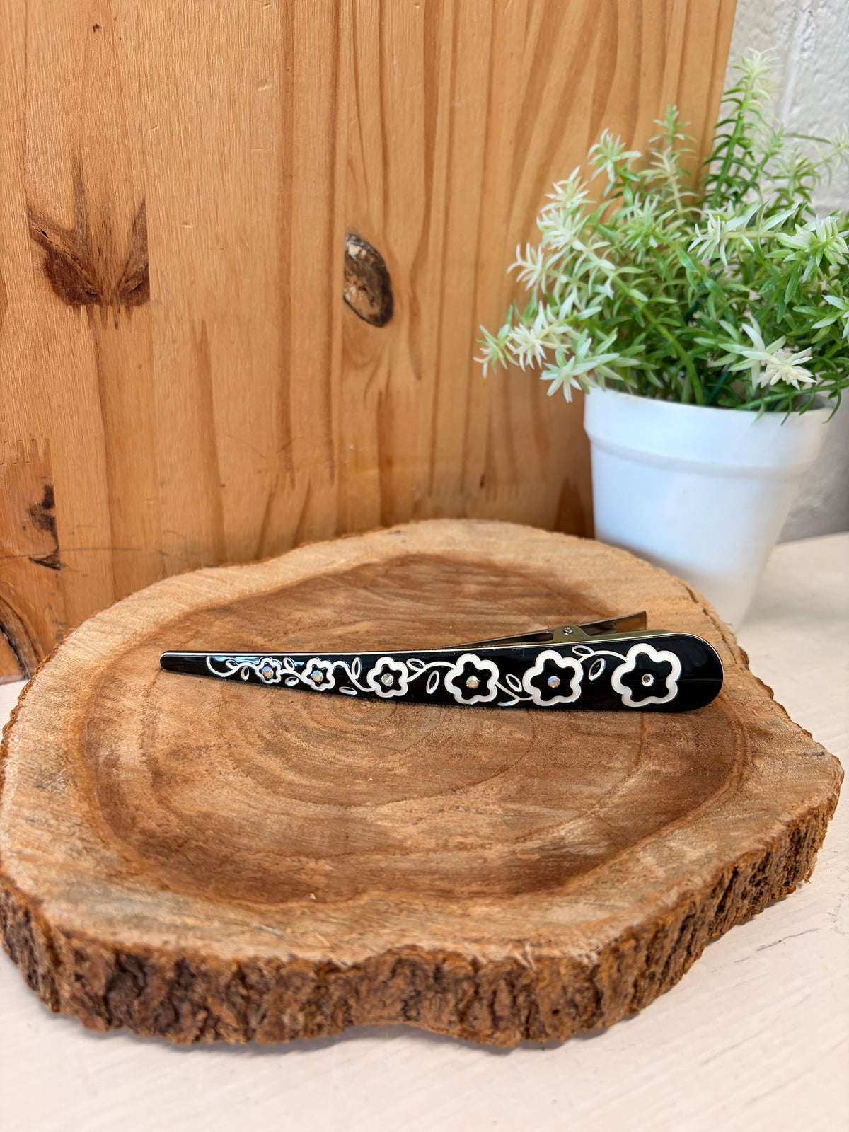 Long Black & White Floral Hair Clip