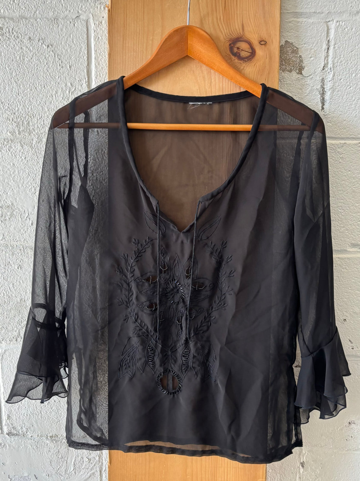 Sheer Black Ruffle Sleeve Blouse : M