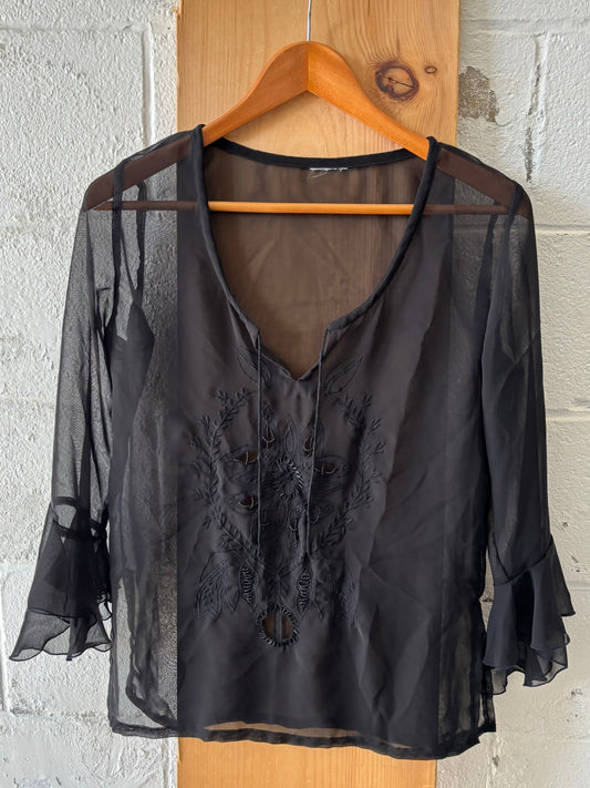 Sheer Black Ruffle Sleeve Blouse : M