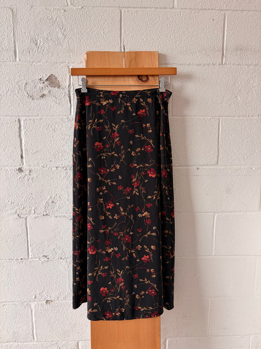 Vtg Black & Red Floral Skirt : M