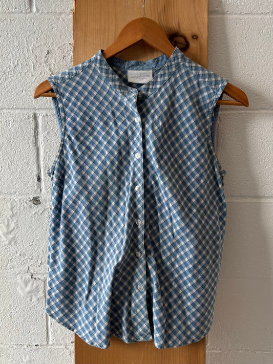 Plaid Blue Sleeveless Button Up Top : M