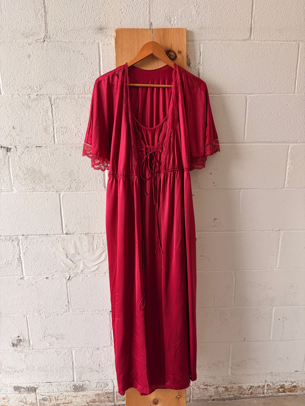 Vtg Red Lace Nightgown & Robe Set : S