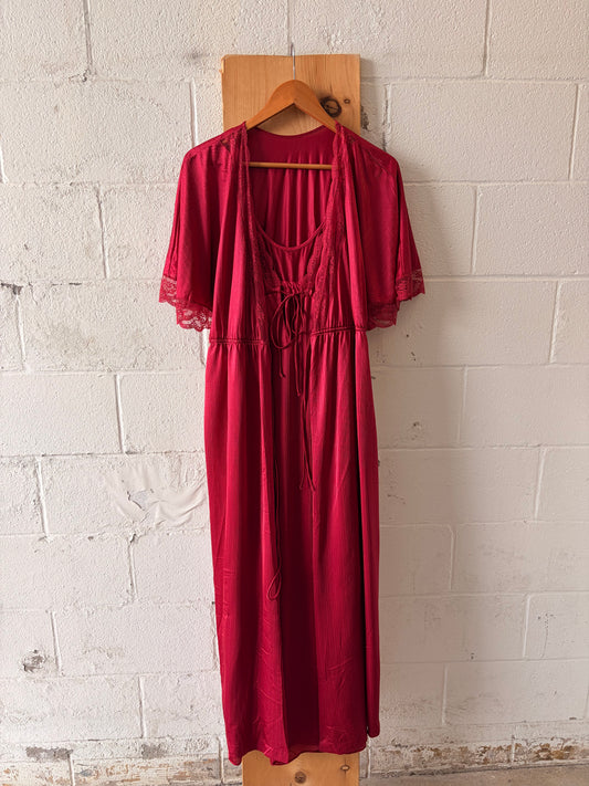 Vtg Red Lace Nightgown & Robe Set : S