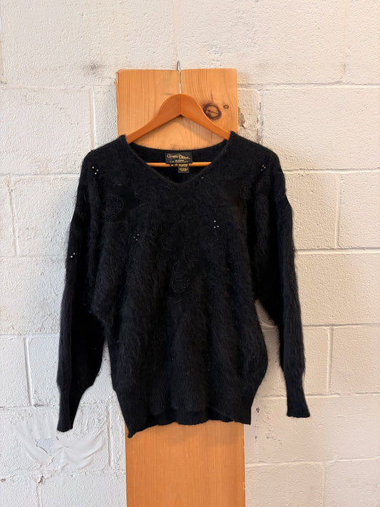 Vtg Beaded Black Angora Batwing Sweater : M