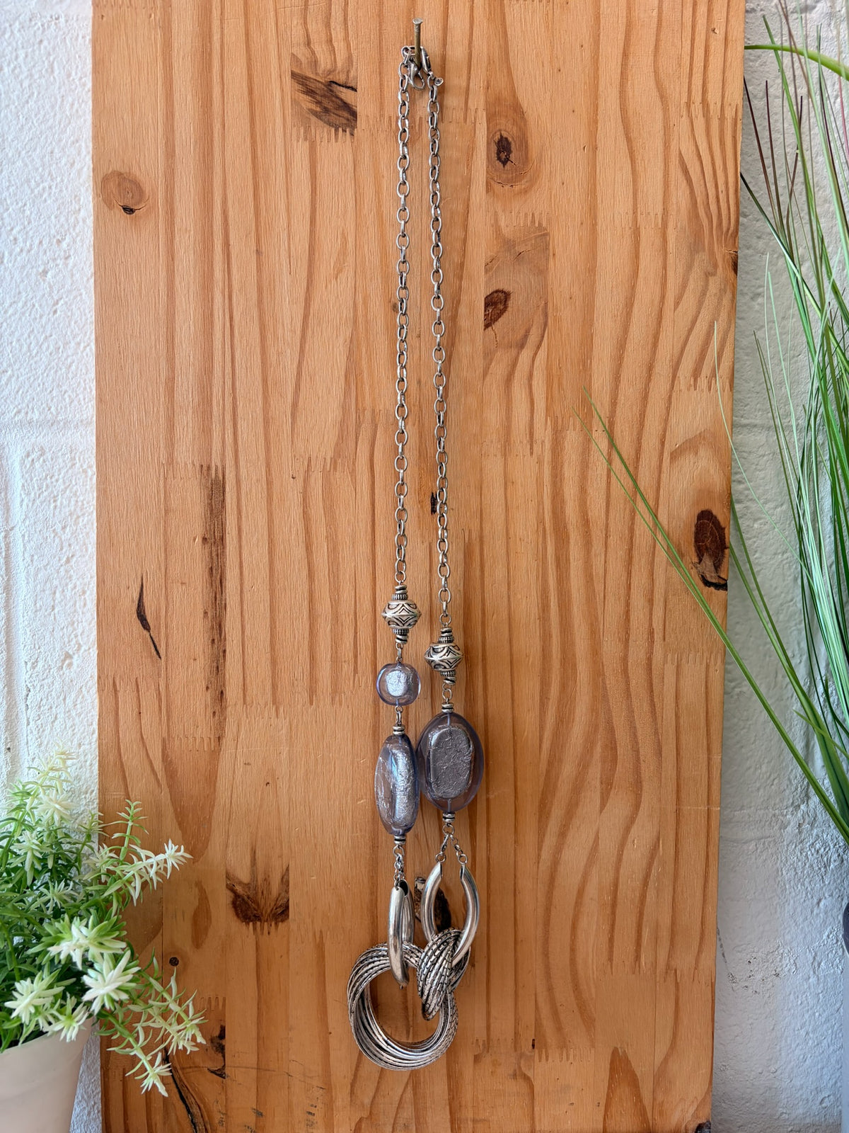 Gray and Silver Tone Long Statement Necklace