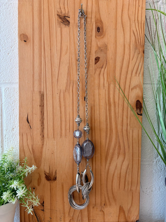Gray and Silver Tone Long Statement Necklace