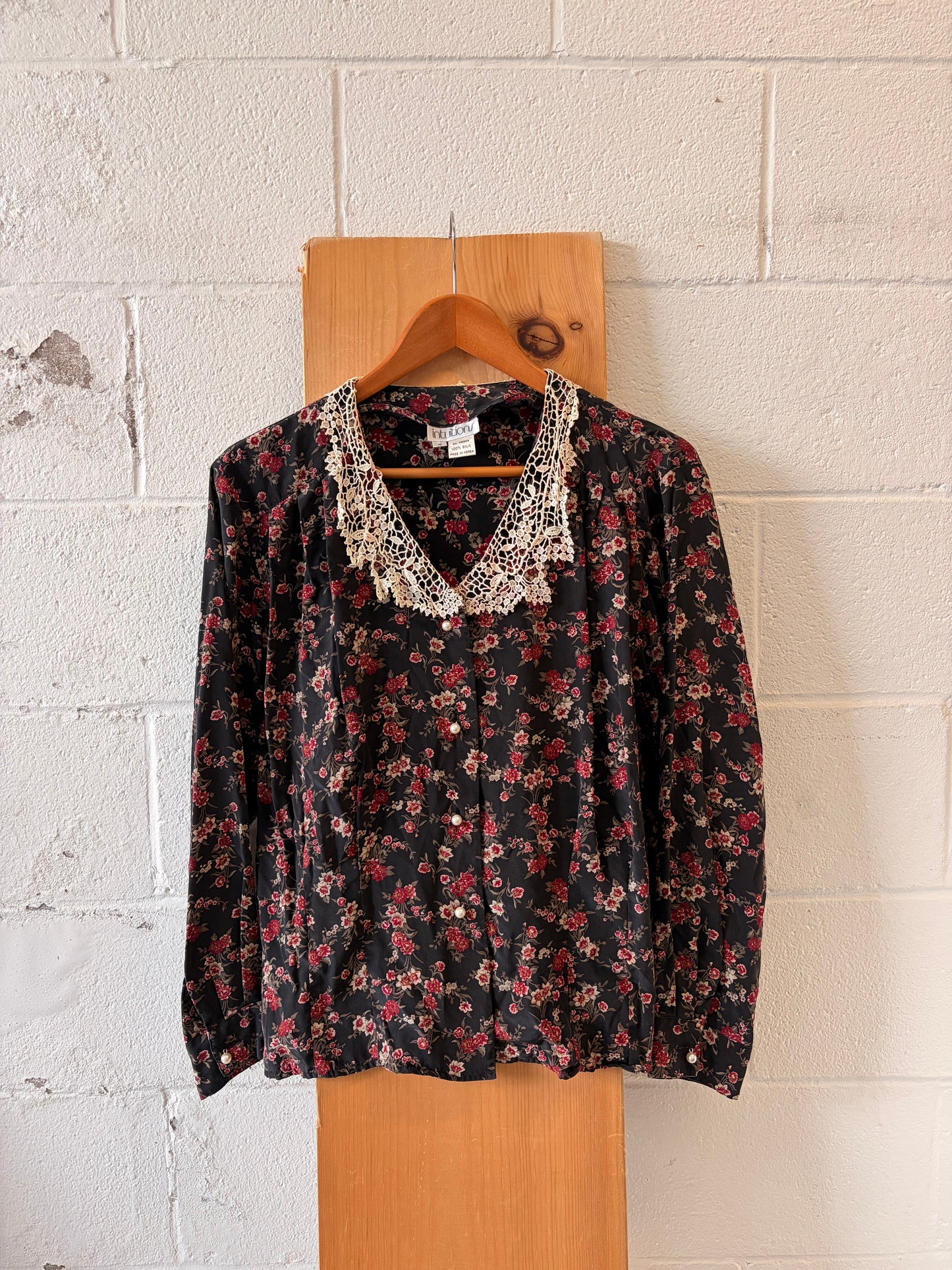 Vtg Lace Collared Floral Silk Blouse : 16