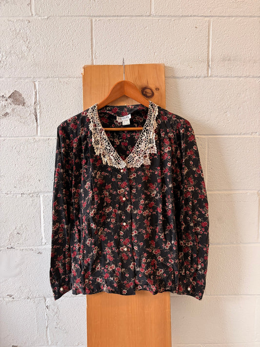 Vtg Lace Collared Floral Silk Blouse : 16